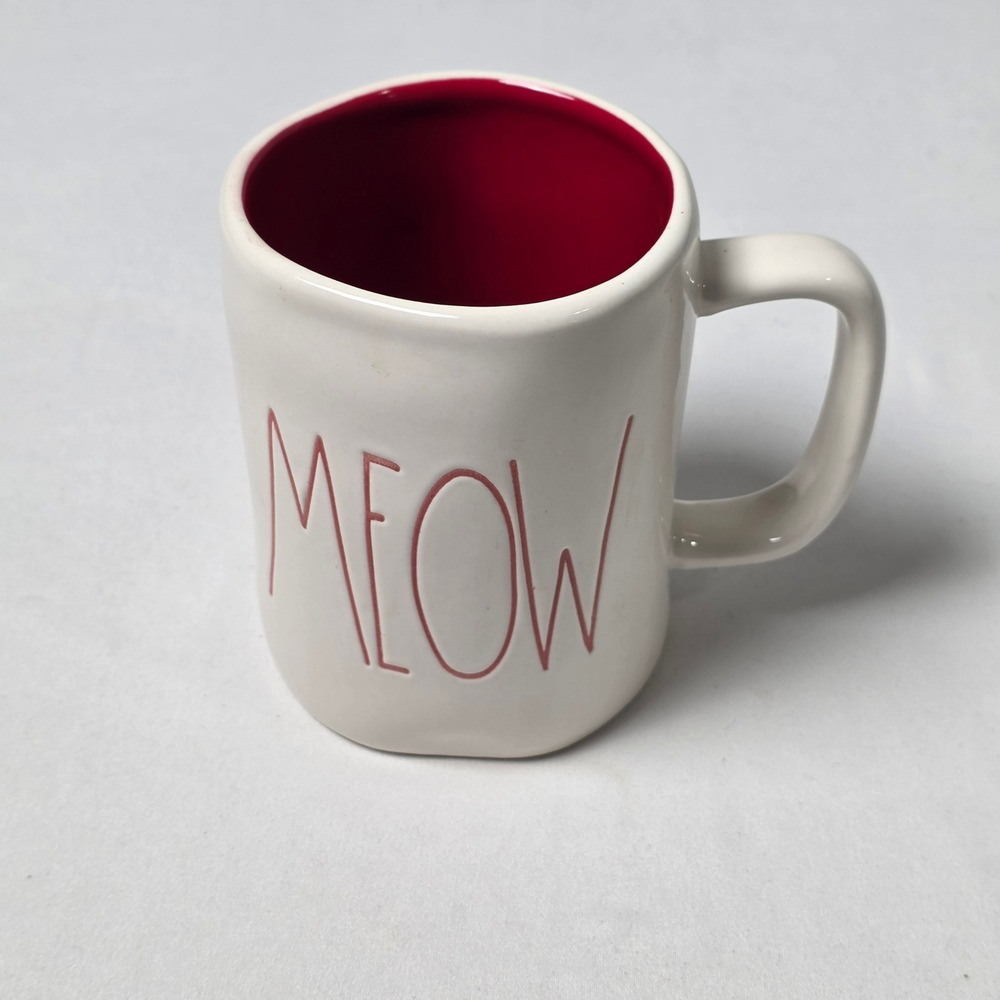 Rae Dunn Mug White Red MEOW Artisan Collection Magenta Ceramic Cup